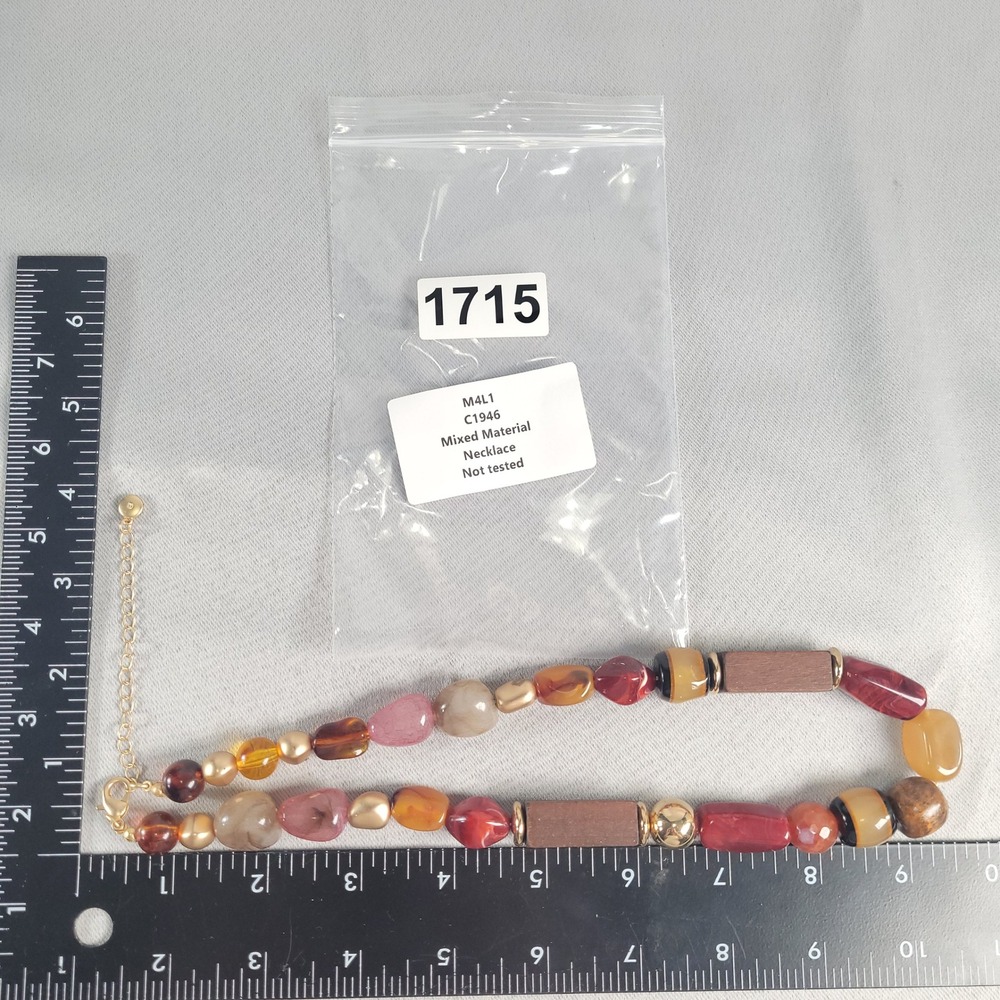 C1946 Chunky Mixed Material Statement Necklace Wood Resin Gold Tone Earthy Boho - Picture 7 of 7